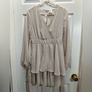 Japna Light Beige Printed Long Sleeve Wrap Dress